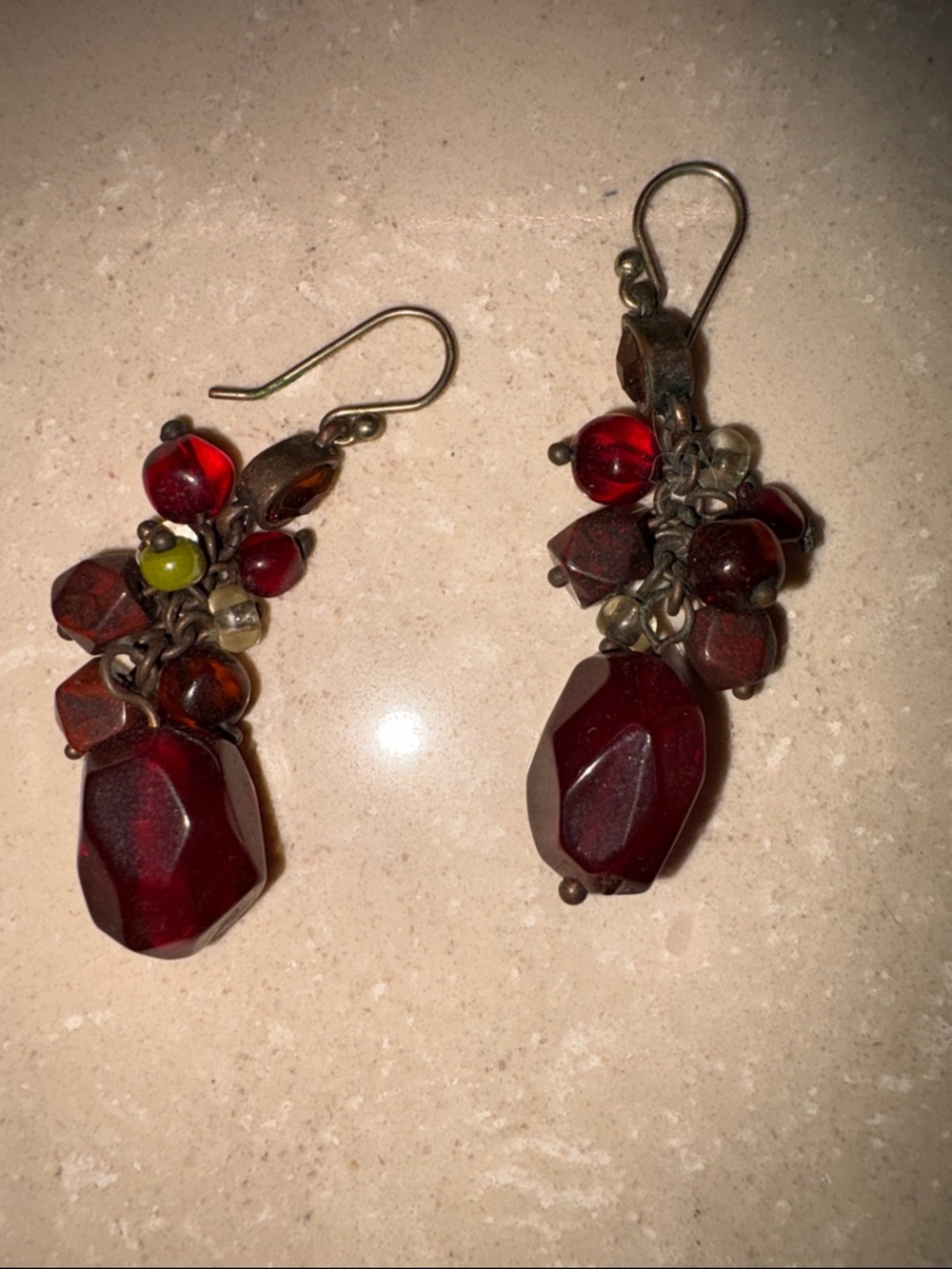 Handcrafted Red Bead Cluster Drop Earrings - Brand Unspecified